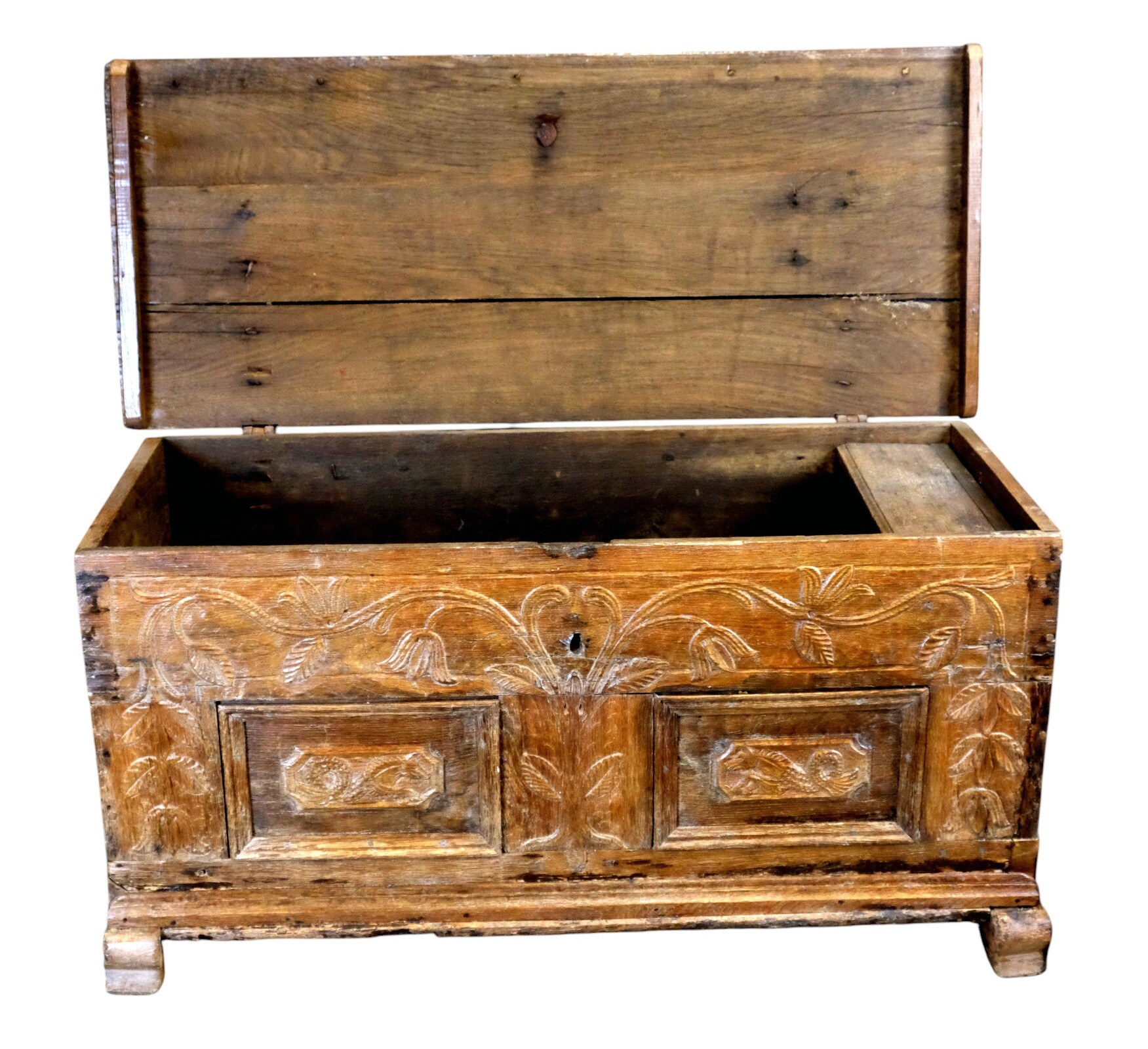 18th century oak chest with interesting carving.