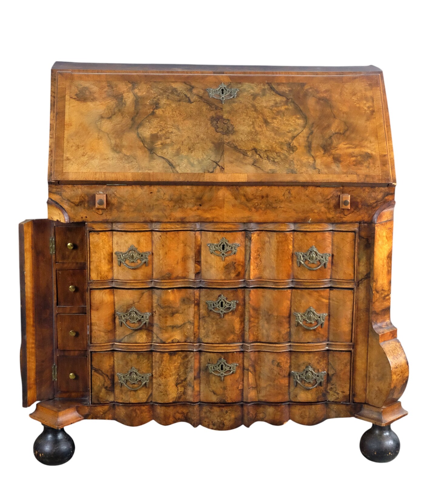 rare burr walnut secretairy with 'open knees'. 