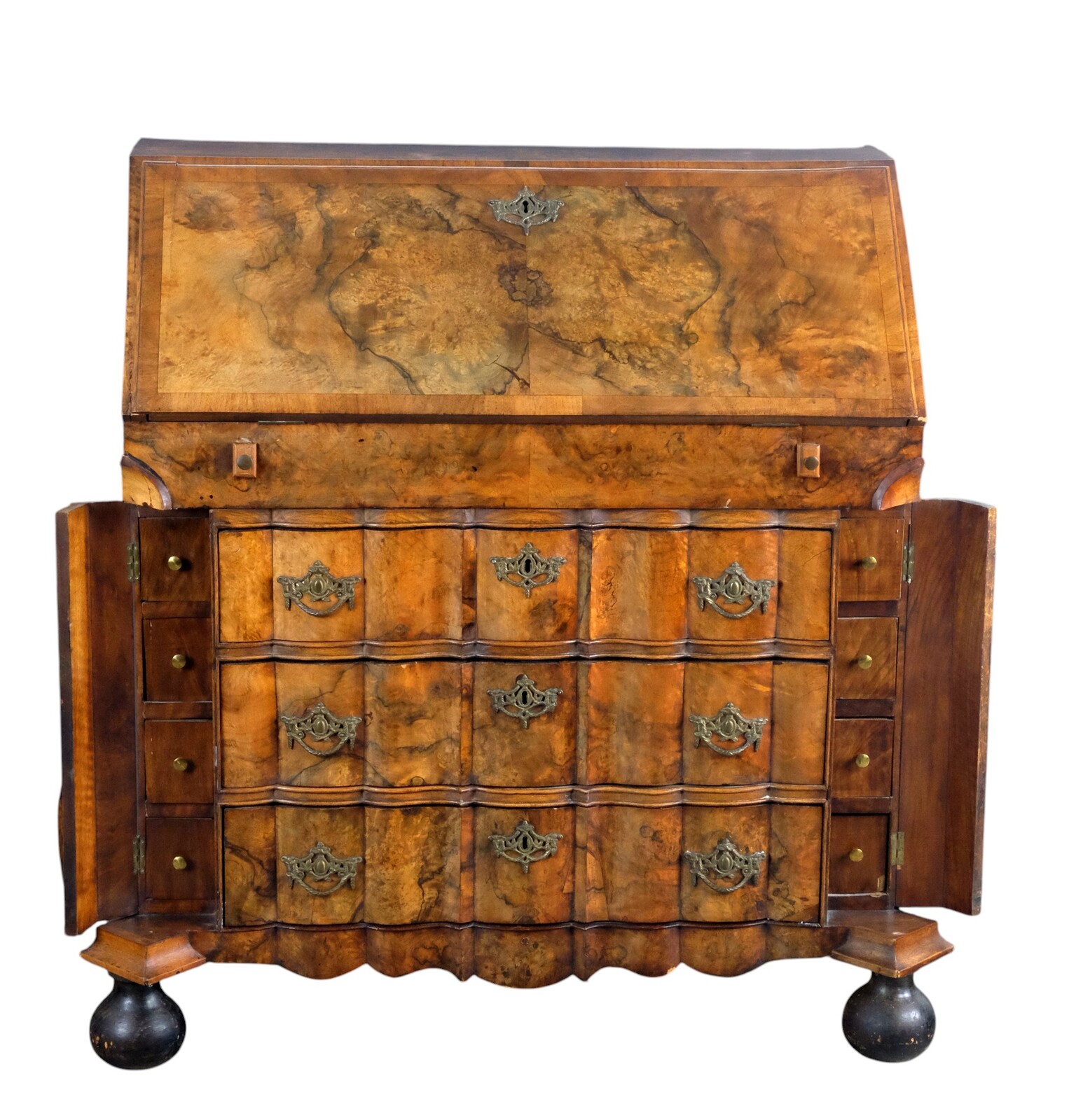 rare burr walnut secretairy with 'open knees'. 