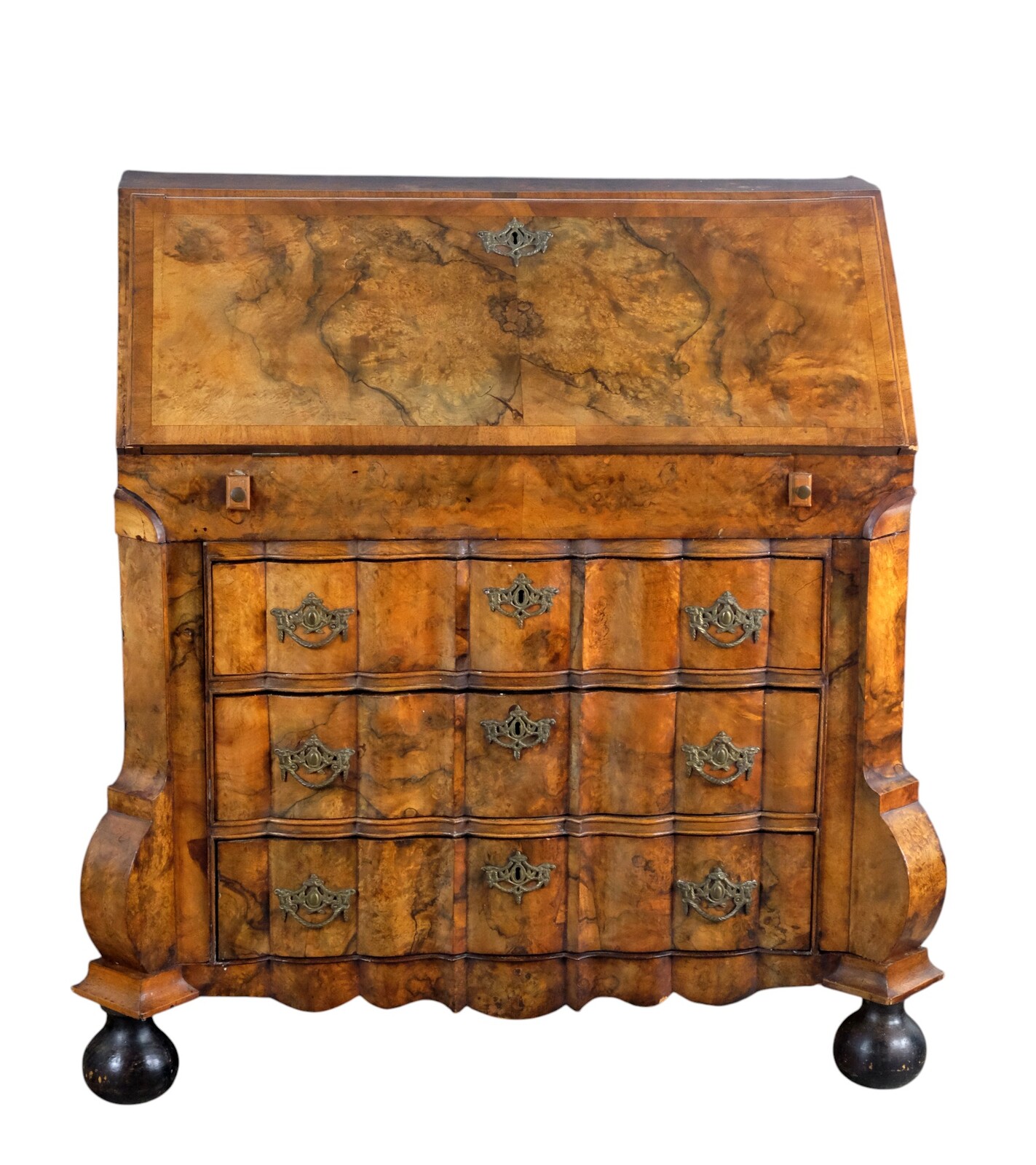 rare burr walnut secretairy with 'open knees'. 