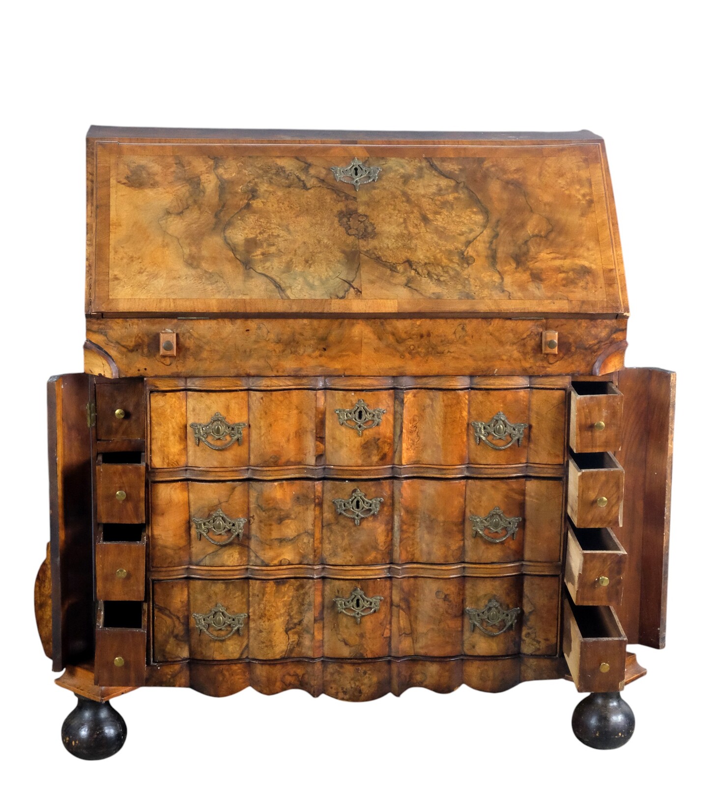 rare burr walnut secretairy with 'open knees'. 