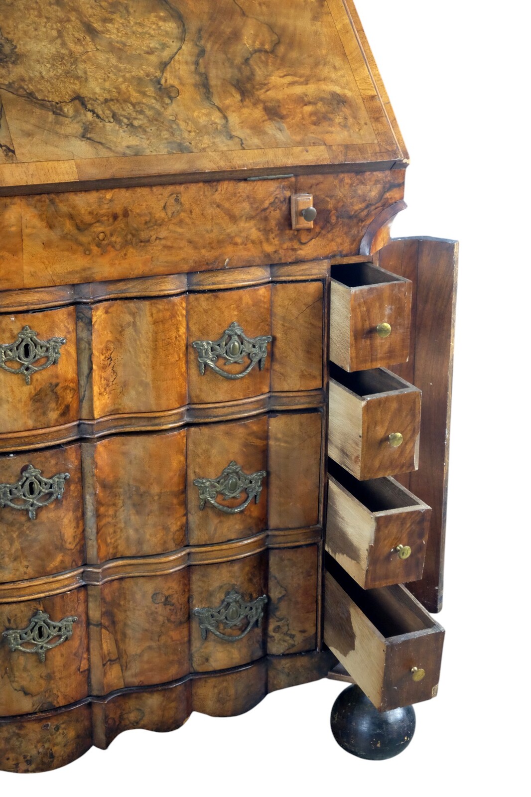 rare burr walnut secretairy with 'open knees'. 
