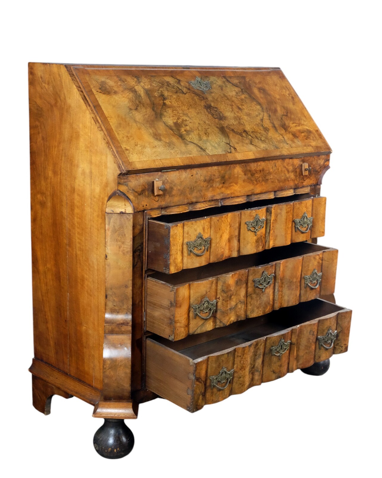 rare burr walnut secretairy with 'open knees'. 