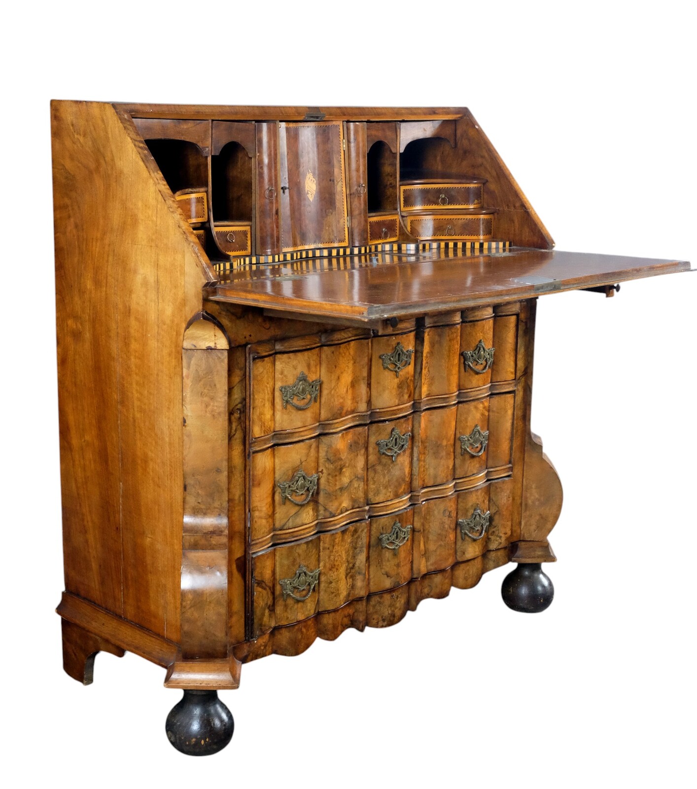 rare burr walnut secretairy with 'open knees'. 