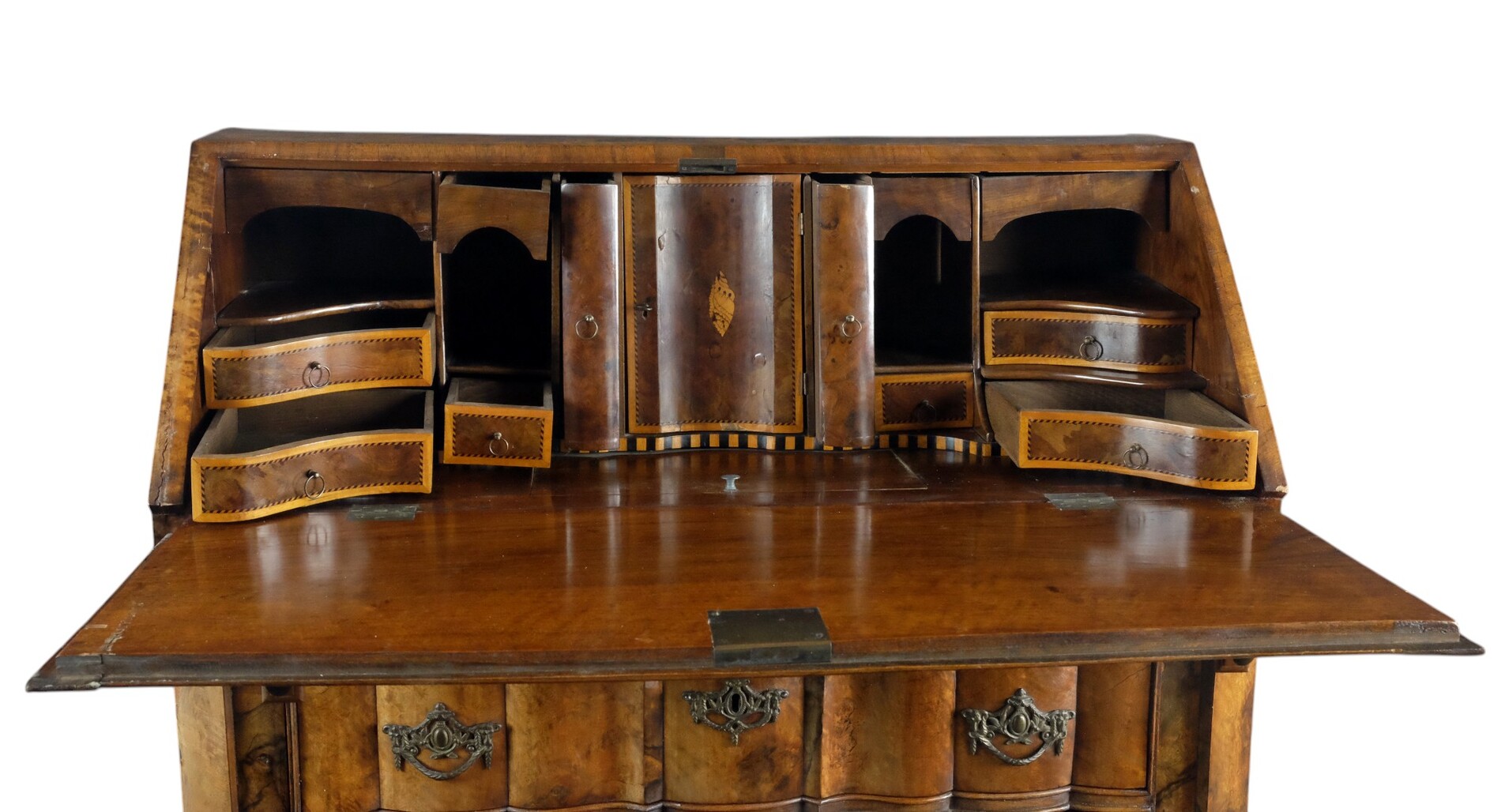 rare burr walnut secretairy with 'open knees'. 