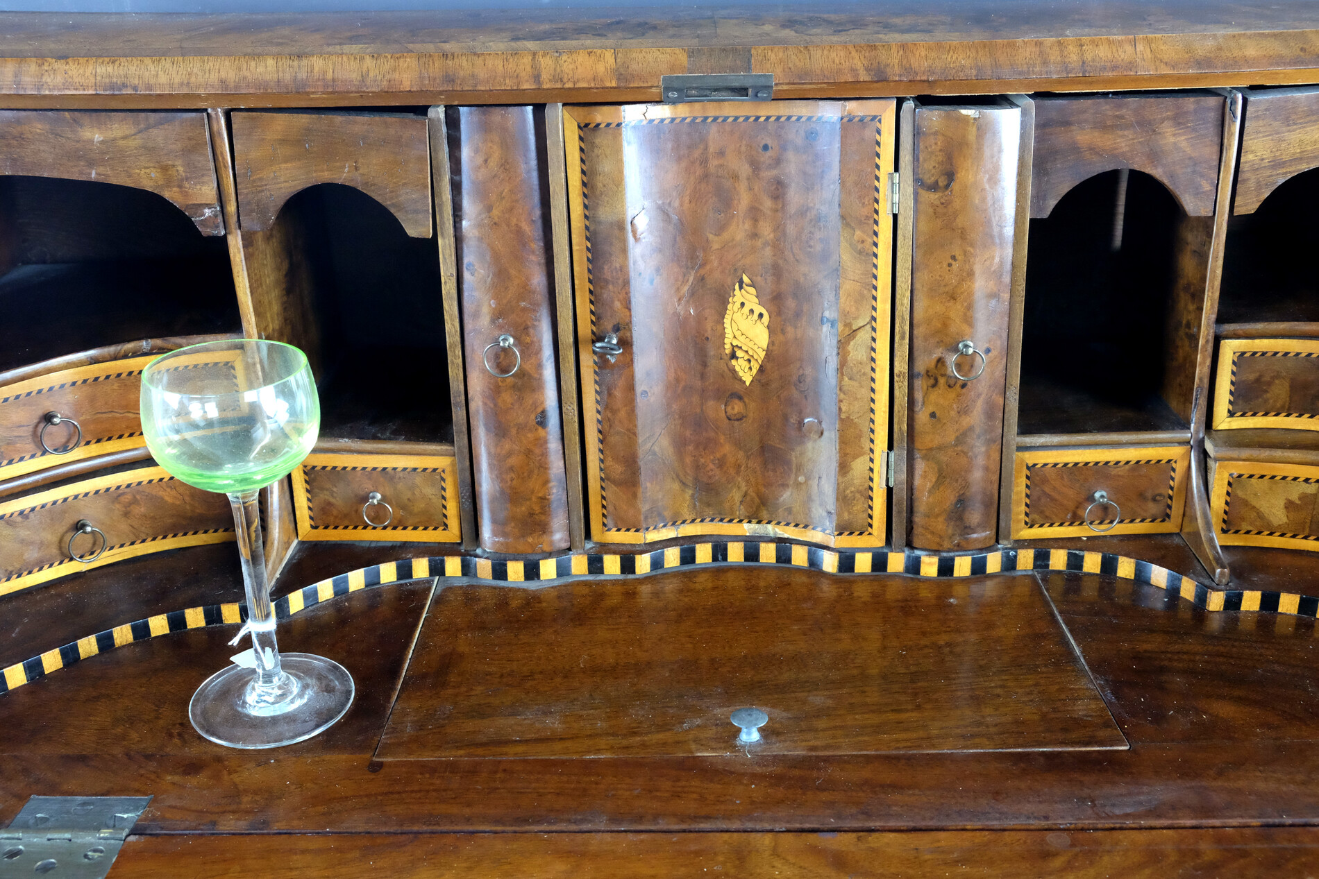 rare burr walnut secretairy with 'open knees'. 