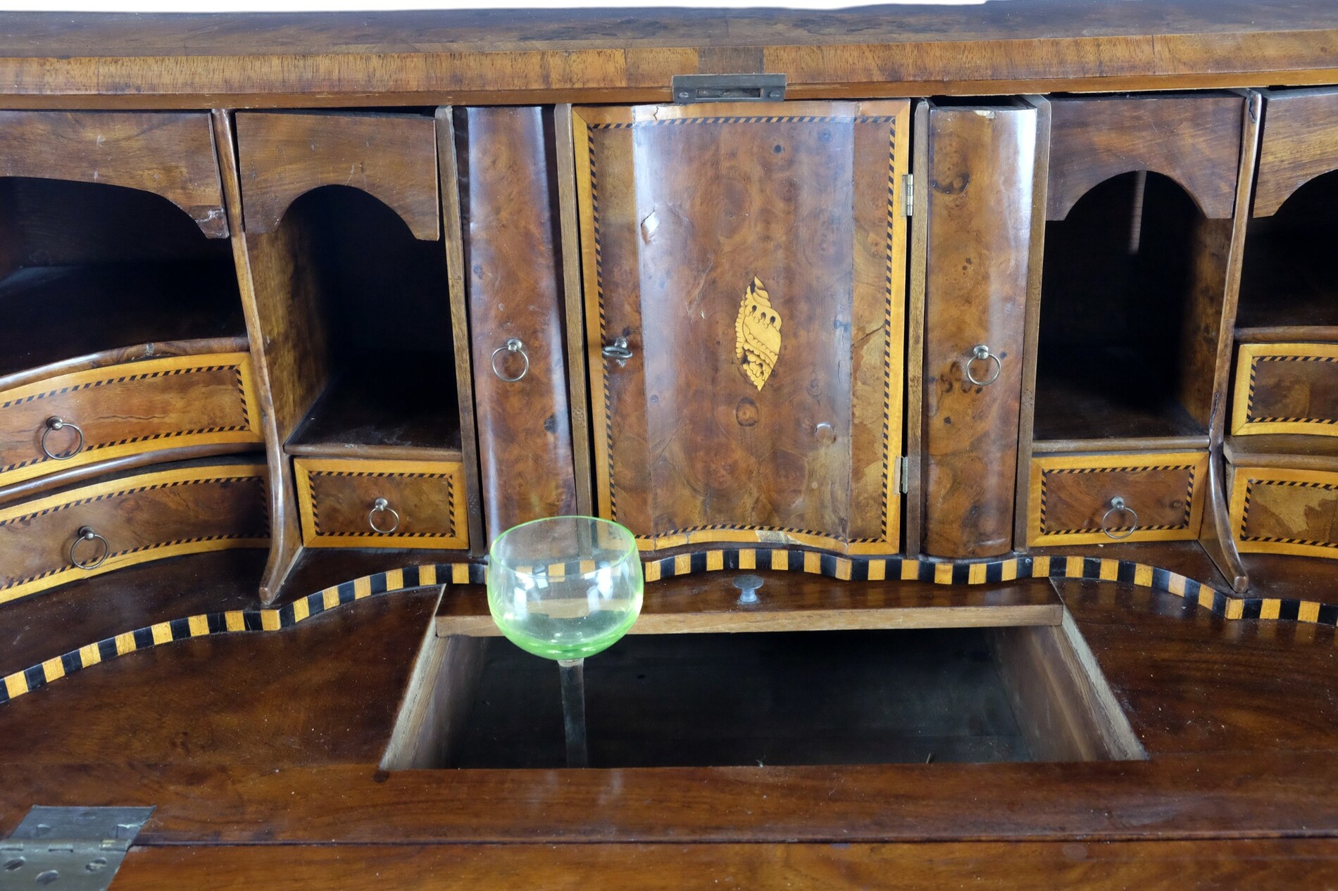 rare burr walnut secretairy with 'open knees'. 