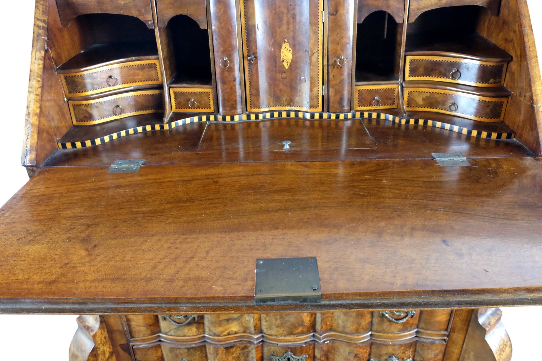 rare burr walnut secretairy with 'open knees'. 