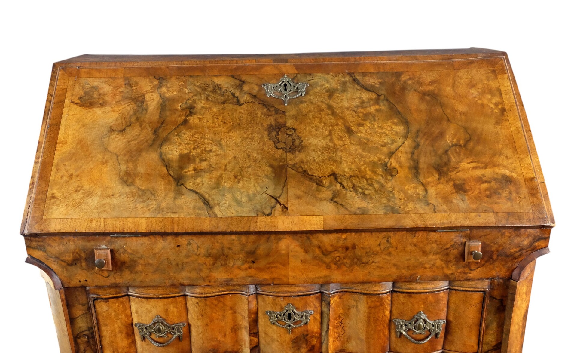 rare burr walnut secretairy with 'open knees'. 