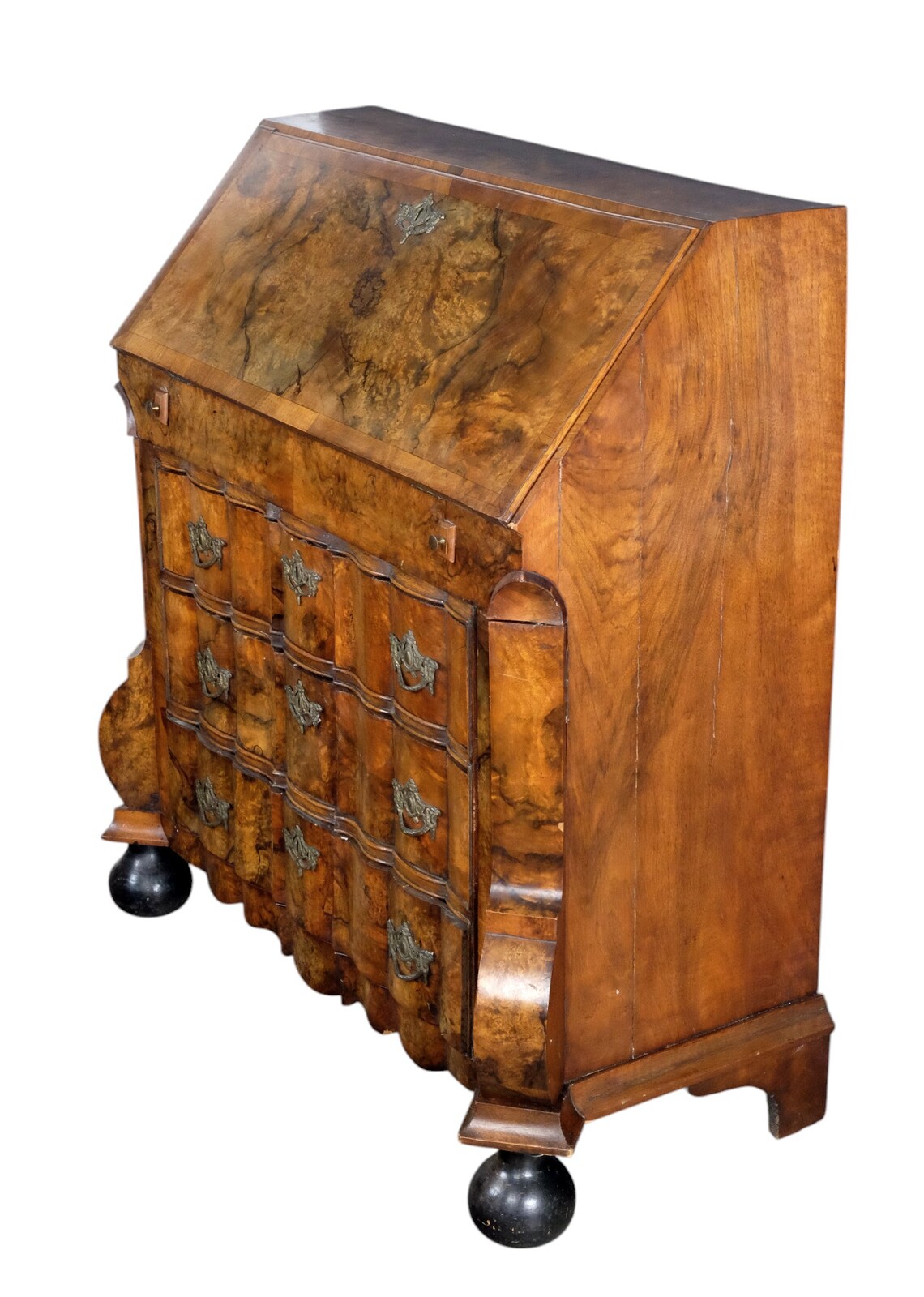 rare burr walnut secretairy with 'open knees'. 