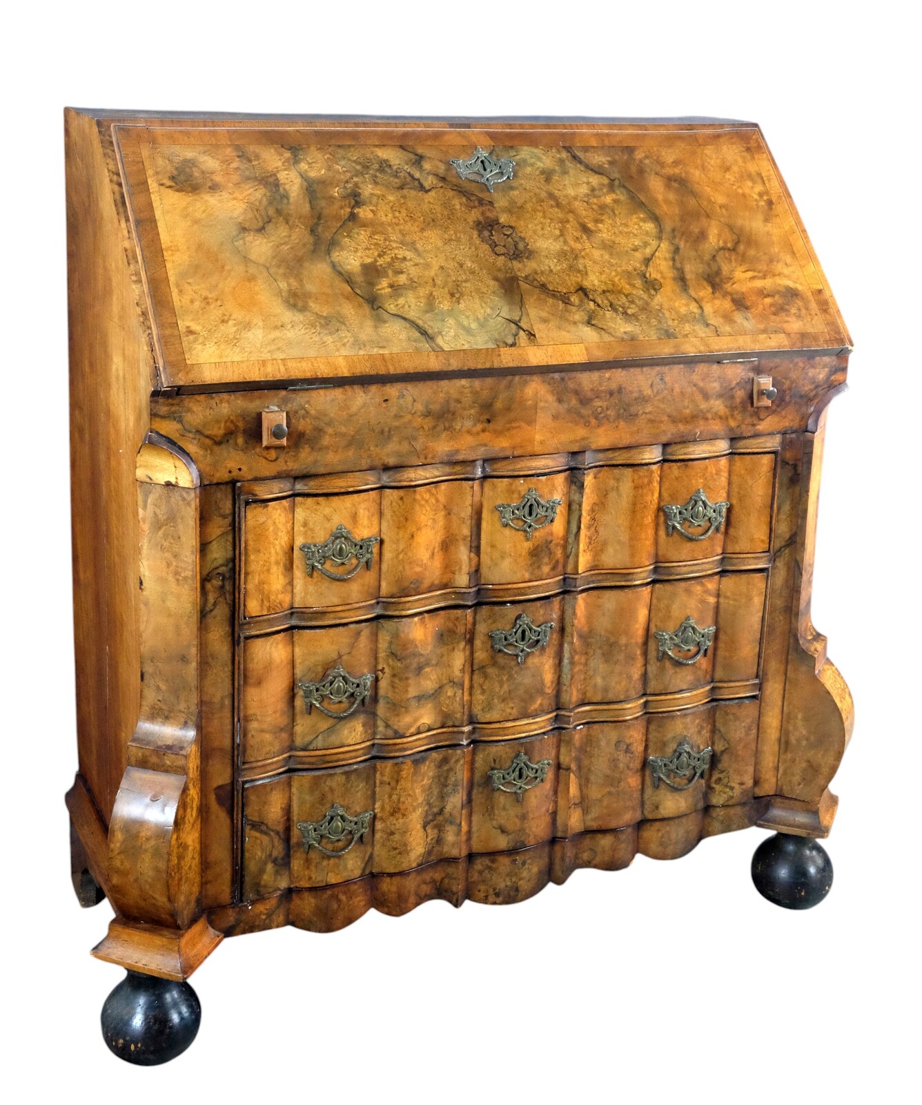 rare burr walnut secretairy with 'open knees'. 