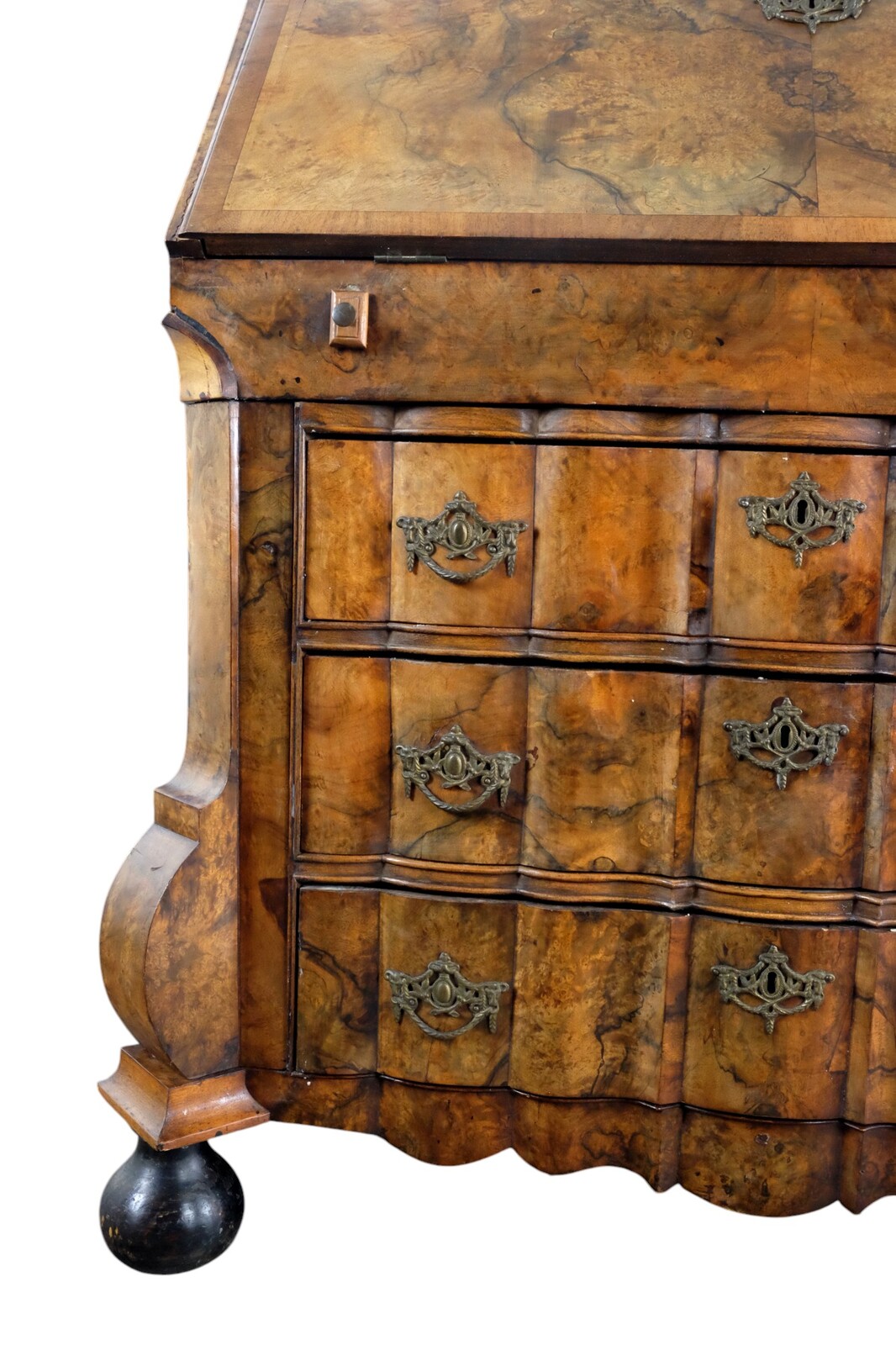 rare burr walnut secretairy with 'open knees'. 