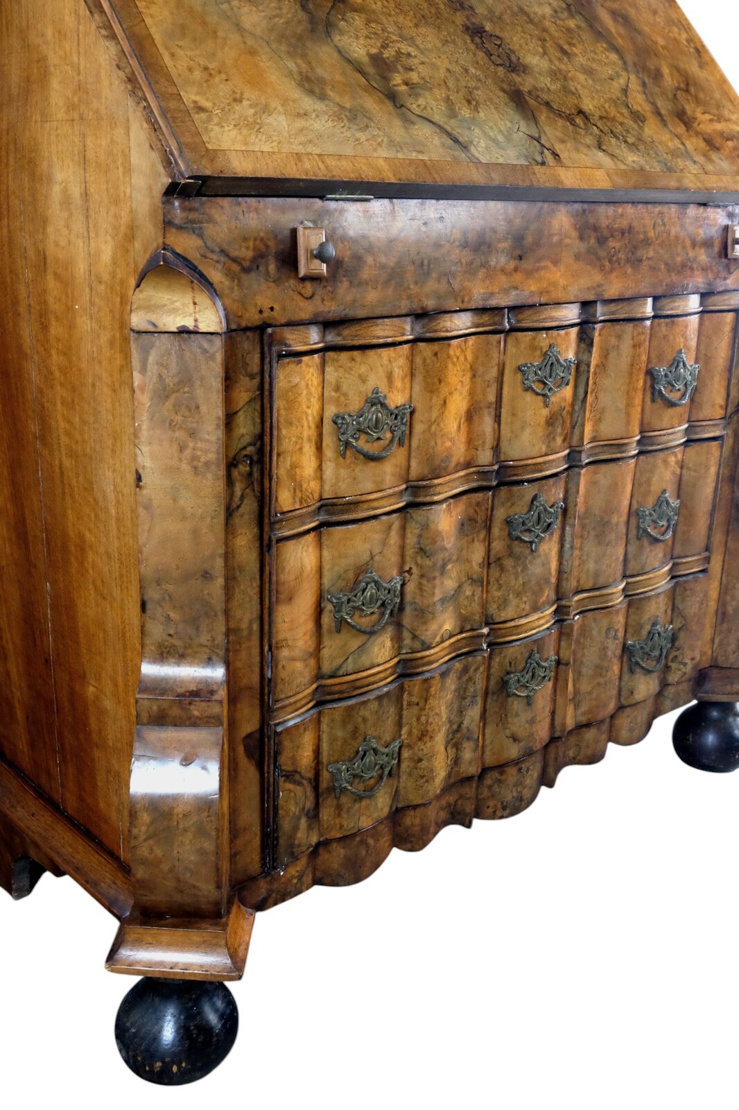 rare burr walnut secretairy with 'open knees'. 