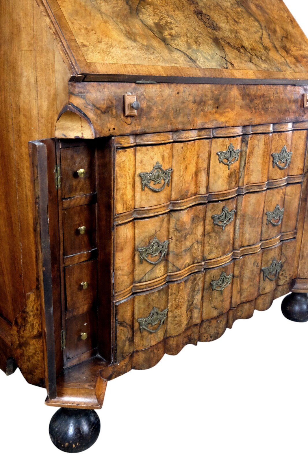 rare burr walnut secretairy with 'open knees'. 