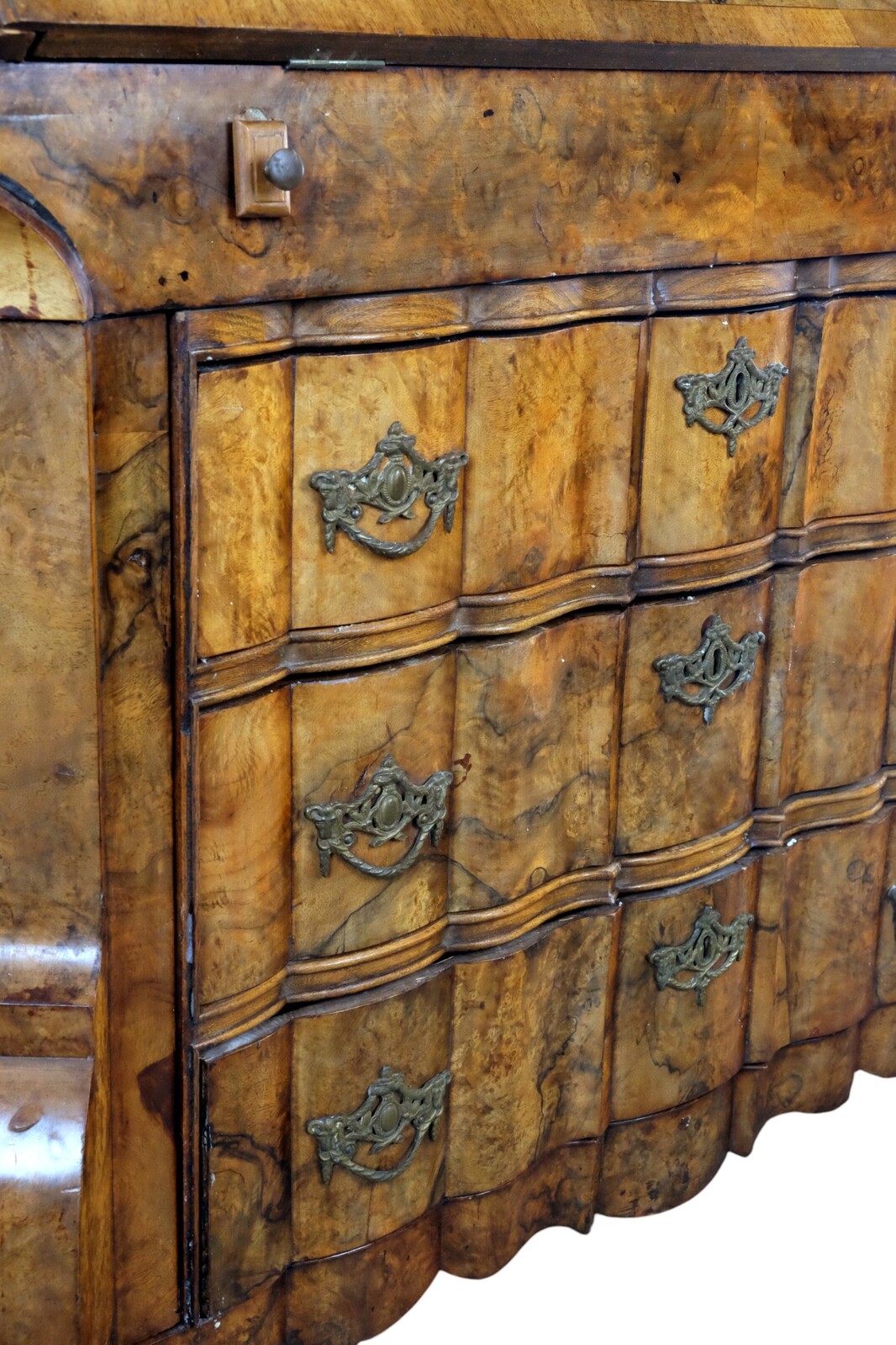 rare burr walnut secretairy with 'open knees'. 