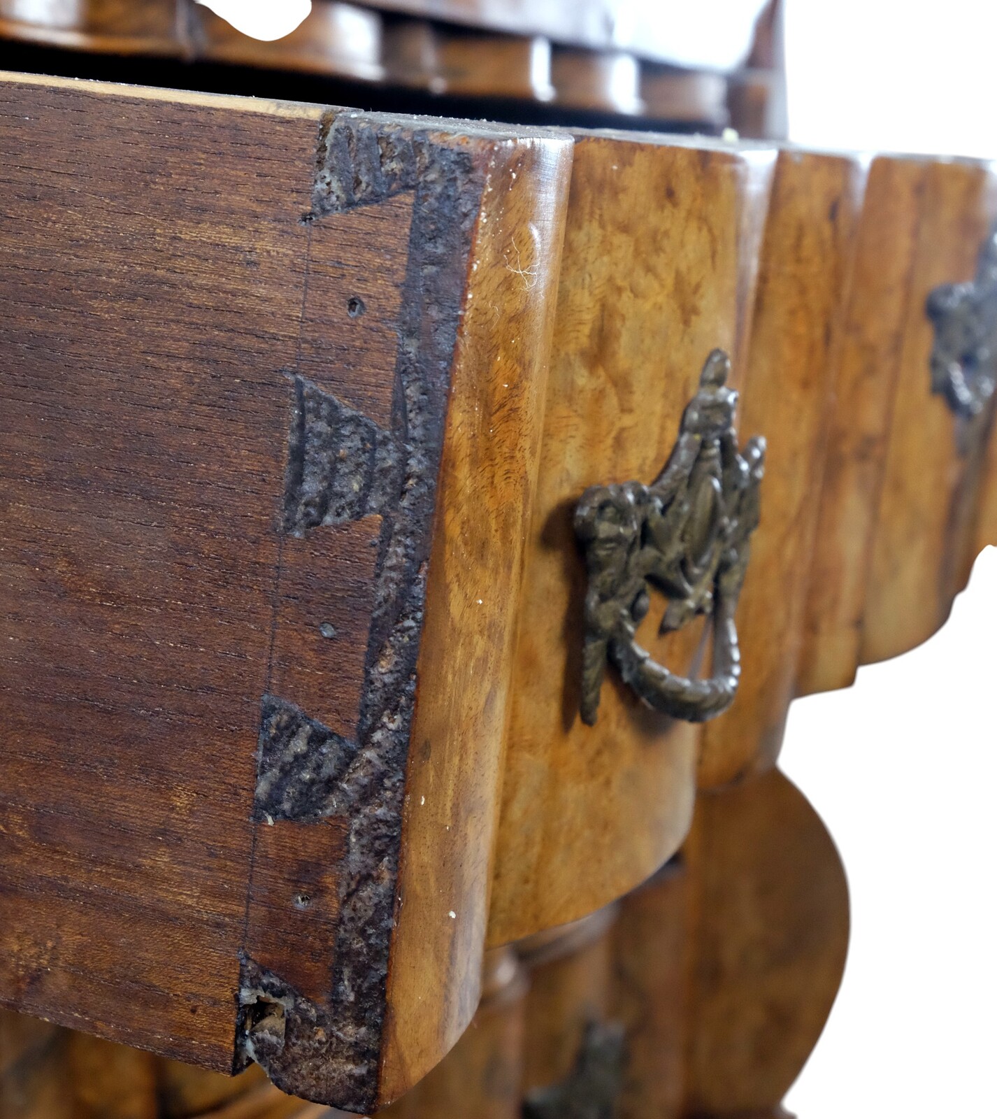 rare burr walnut secretairy with 'open knees'. 